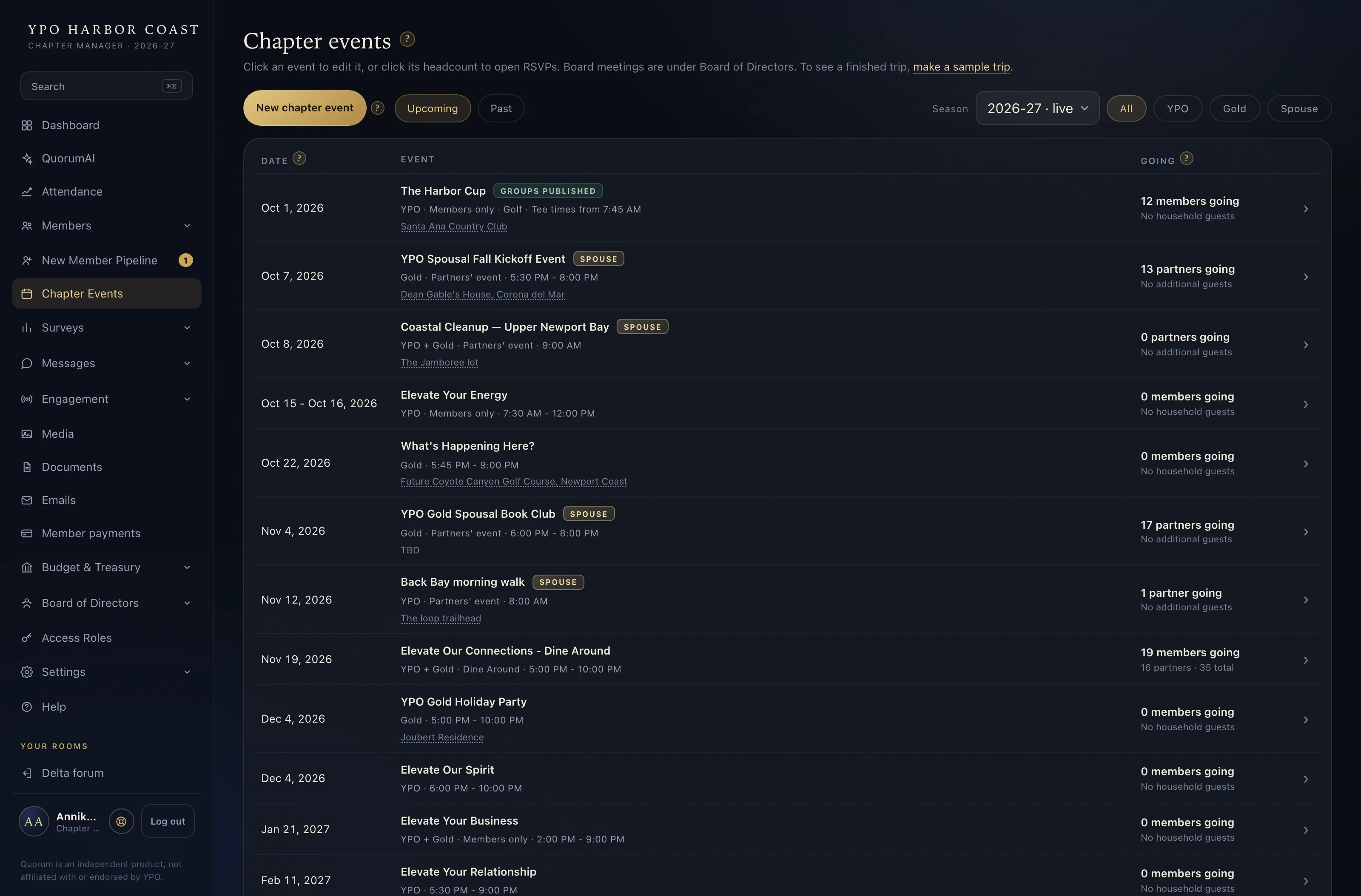 The season's events, one row each