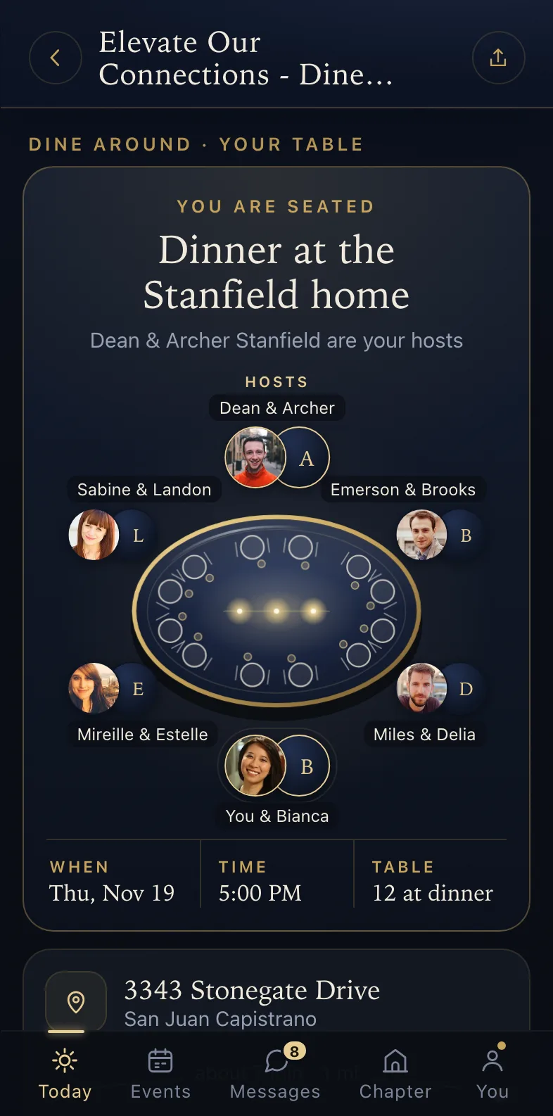 A member's phone - their table drawn from above with every household in its place, the hosts, the time and how many are at dinner